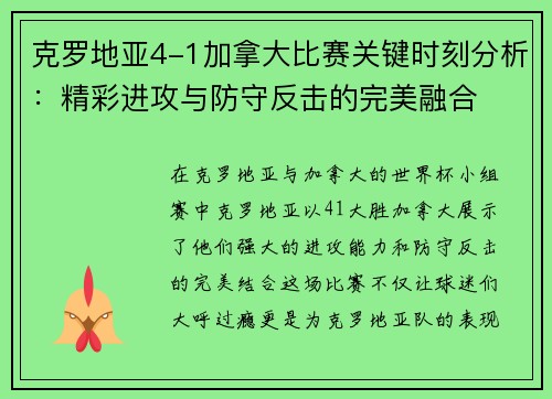 克罗地亚4-1加拿大比赛关键时刻分析：精彩进攻与防守反击的完美融合