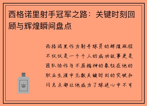 西格诺里射手冠军之路：关键时刻回顾与辉煌瞬间盘点